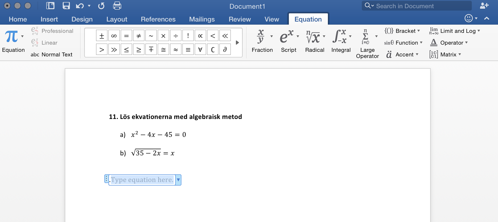 Ekvation i Microsoft Word